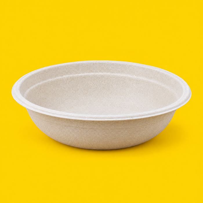 Natural bagasse round bowl 750ml, on yellow