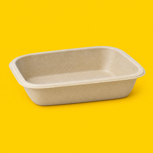 Natural bagasse rectangular tray 750ml, on yellow