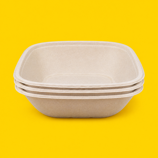 Stack of natural bagasse square bowls 1000ml, on yellow