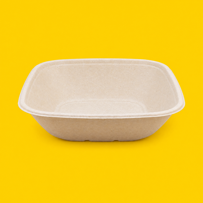 Natural bagasse square bowl 1000ml, on yellow