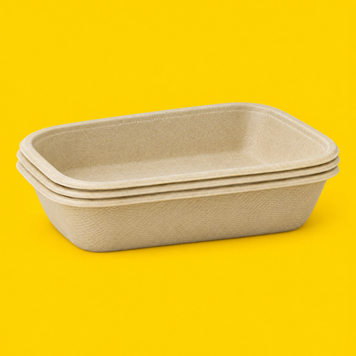 Stack of natural bagasse rectangular trays 750ml, on yellow