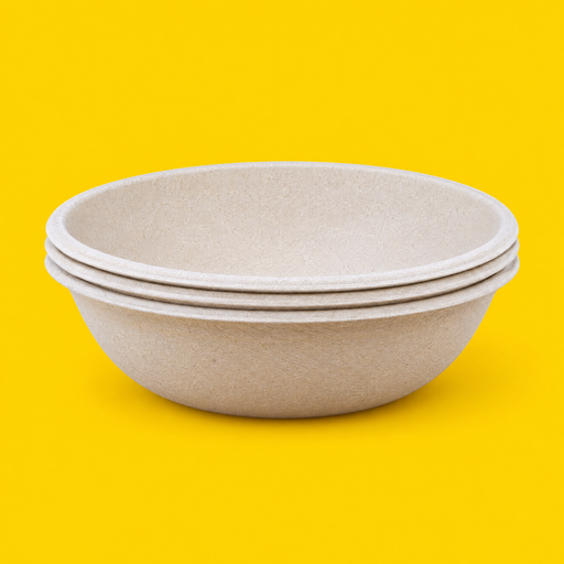 Stack of natural bagasse round bowls 750ml, on yellow