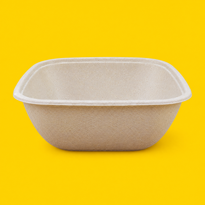 Natural bagasse square bowl 1500ml, on yellow
