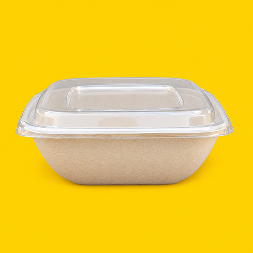 Clear PET lid fitted on a bagasse square bowl, on yellow