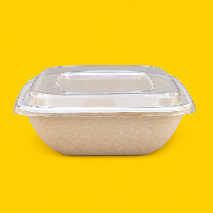 Clear PET lid fitted on a bagasse square bowl, on yellow