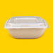 Clear PET lid fitted on a bagasse square bowl, on yellow