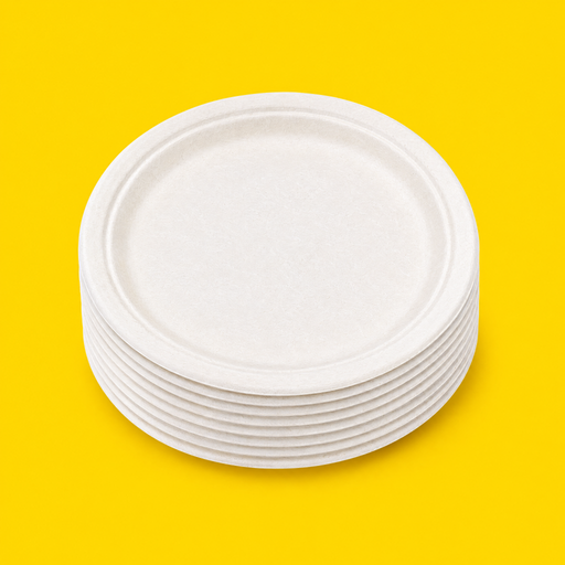 Stack of white bagasse 6 inch plates, on yellow