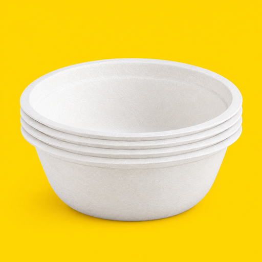 Stack of white bagasse bowls 350ml (12oz), on yellow