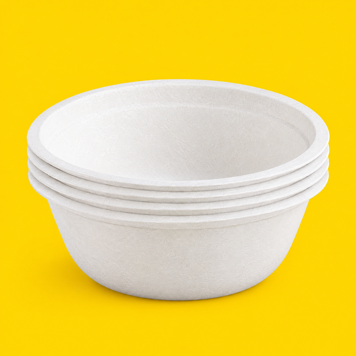 Stack of white bagasse bowls 350ml (12oz), on yellow