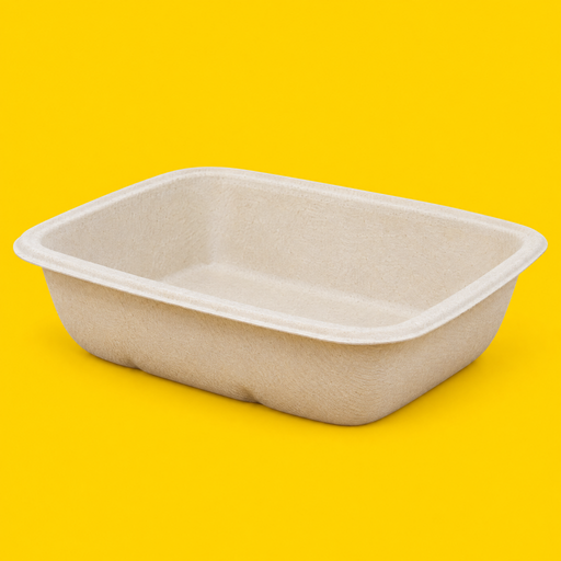 Natural bagasse rectangular tray 1000ml, on yellow