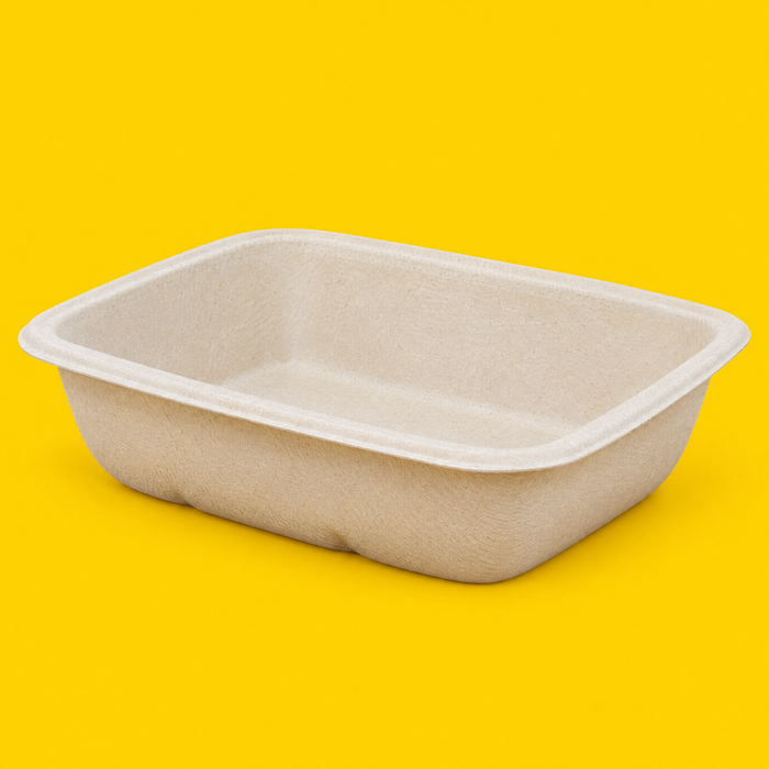 Natural bagasse rectangular tray 1000ml, on yellow