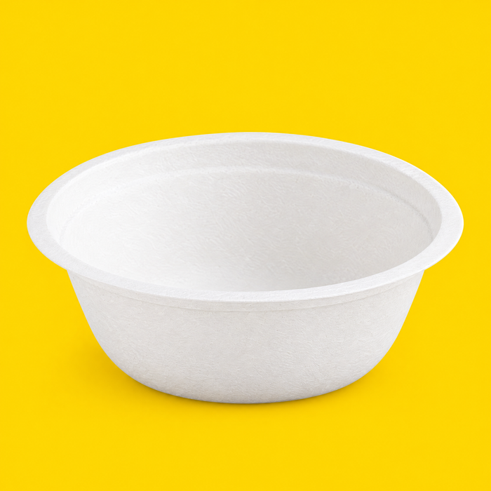 White bagasse bowl 350ml (12oz), on yellow