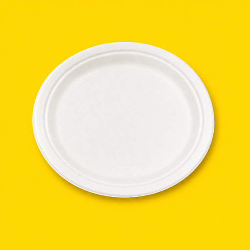 White bagasse 10 inch plate, on yellow