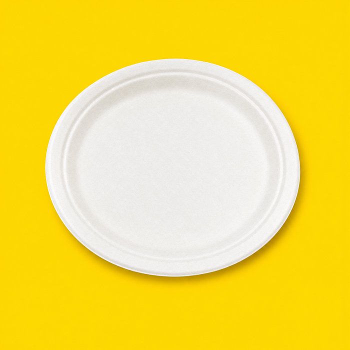 White bagasse 10 inch plate, on yellow