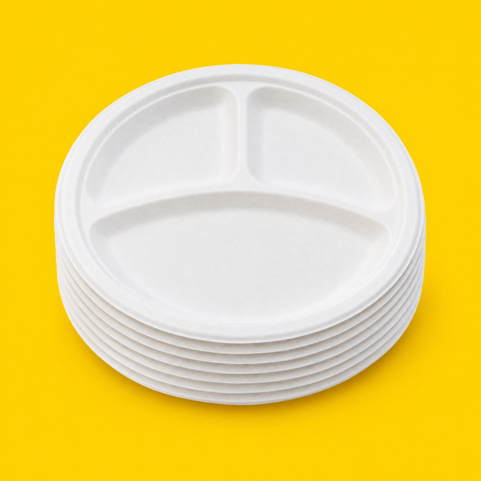 Stack of white bagasse 10 inch 3-compartment plates, on yellow