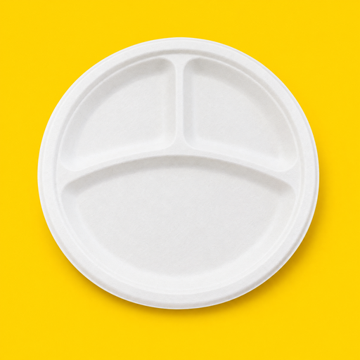 White bagasse 10 inch 3-compartment plate, on yellow