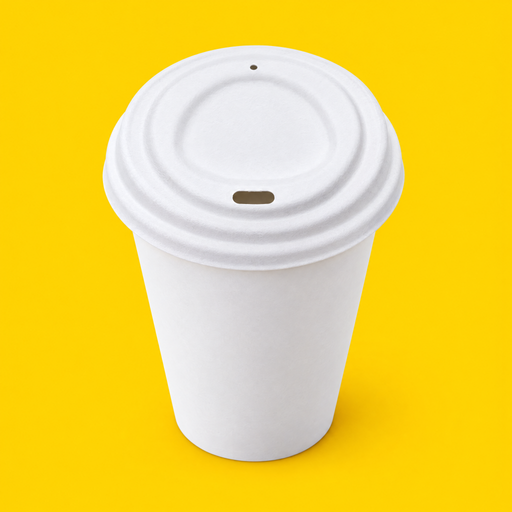 White bagasse hot cup lid 80mm fitted on an 8oz paper cup, on yellow