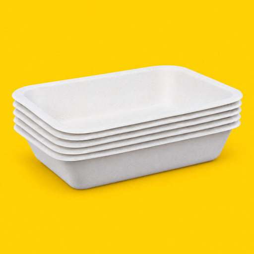 Stack of white bagasse chip trays 180 x 126mm, on yellow