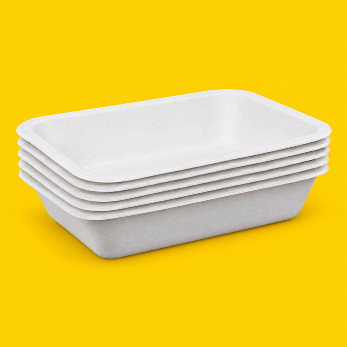 Stack of white bagasse chip trays 180 x 126mm, on yellow