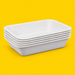 Stack of white bagasse chip trays 180 x 126mm, on yellow