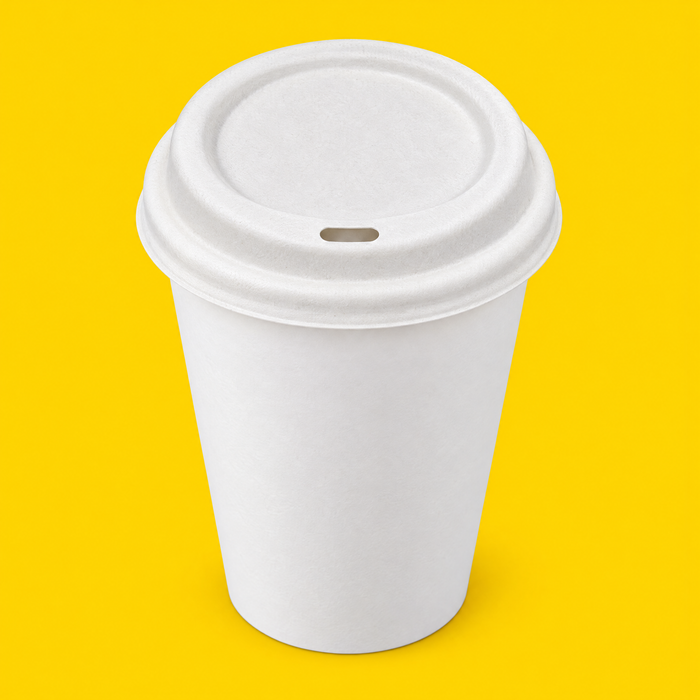 White bagasse hot cup lid 90mm fitted on a 12oz paper cup, on yellow