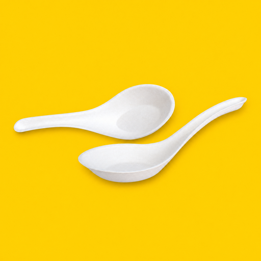 Two white bagasse Chinese soup spoons 140mm, on yellow