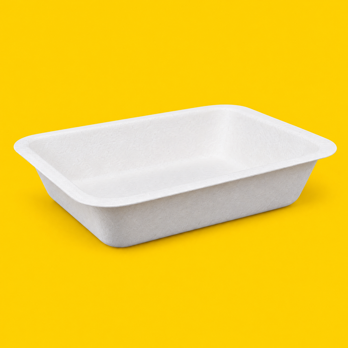 White bagasse chip tray 180 x 126mm, on yellow