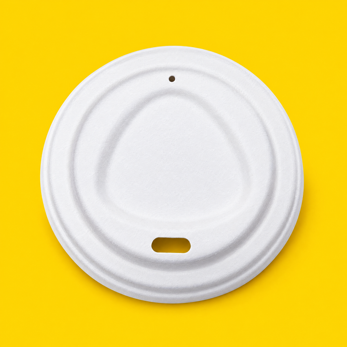 White bagasse hot cup lid 80mm, on yellow