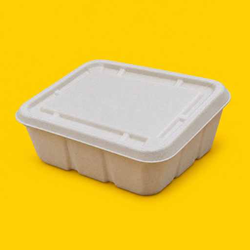 Natural bagasse lid fitted on a 1000ml box, on yellow