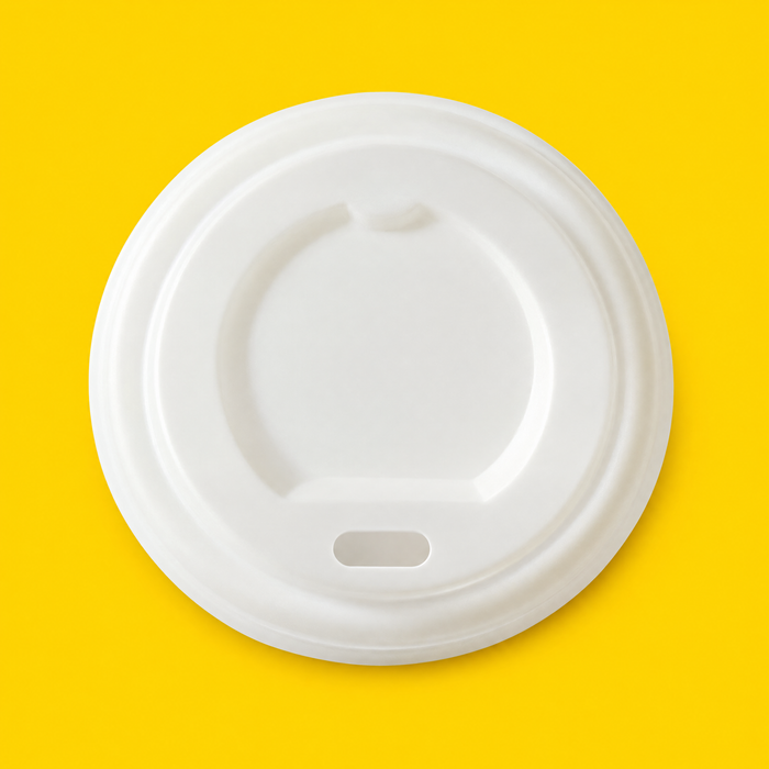 White CPLA domed sip-thru lid 90mm, on yellow