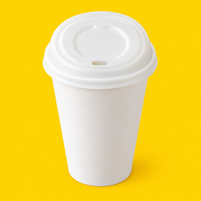 White CPLA domed sip-thru lid fitted on a 12oz paper cup, on yellow