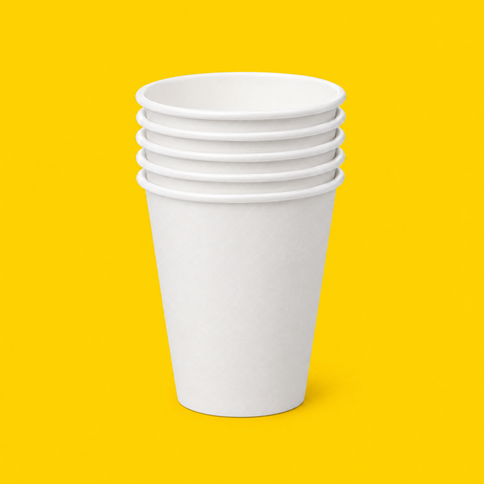 Stack of white single wall hot cups 180ml (6oz), on yellow
