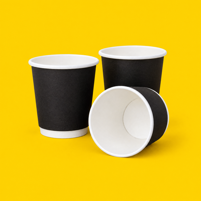 Three black double wall espresso cups 120ml (4oz), on yellow