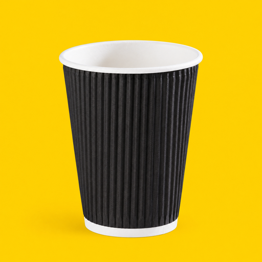 Black ripple wall hot cup 355ml (12oz), on yellow