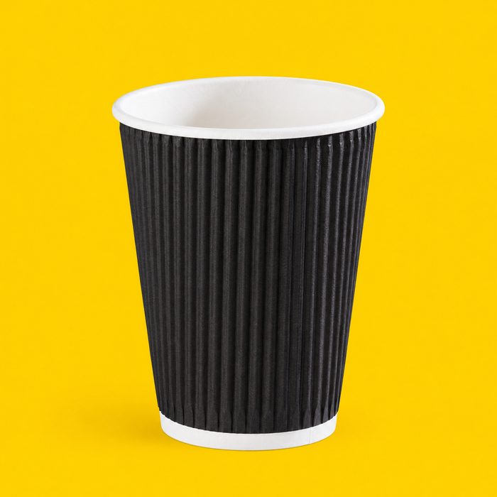 Black ripple wall hot cup 355ml (12oz), on yellow