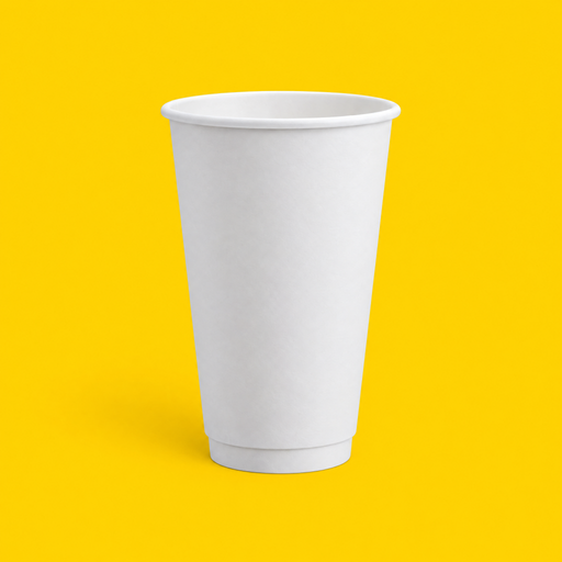 White double wall hot cup 473ml (16oz), on yellow