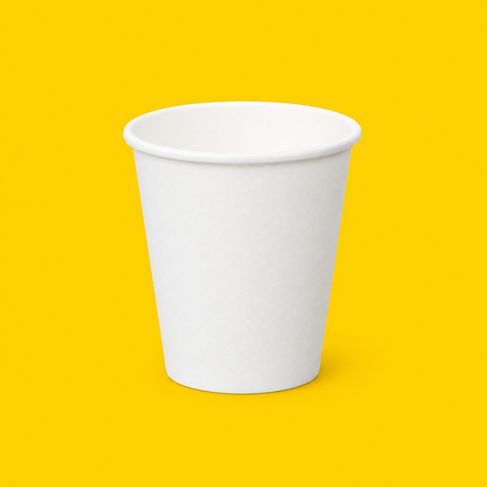 White single wall hot cup 180ml (6oz), on yellow