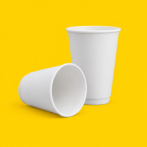 Two white double wall hot cups 473ml (16oz), on yellow