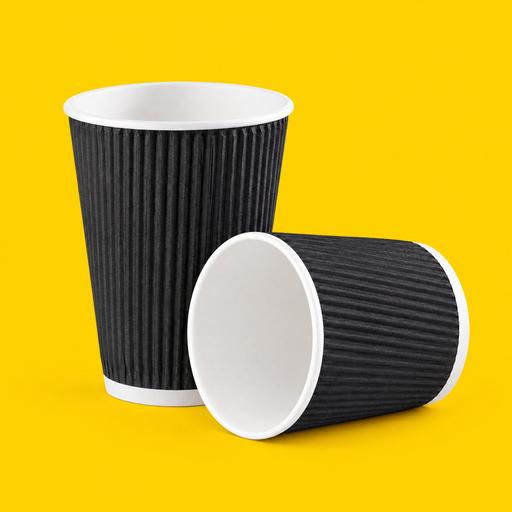 Two black ripple wall hot cups 355ml (12oz), on yellow