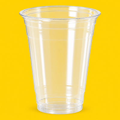 Clear PET cold cup 355ml (12oz), on yellow
