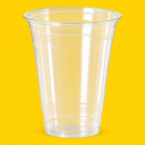 Clear PET cold cup 355ml (12oz), on yellow