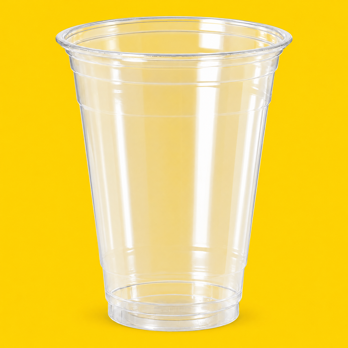 Clear PET cold cup 355ml (12oz), on yellow