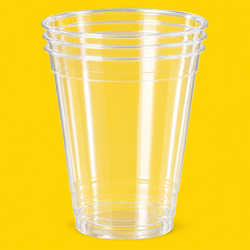Stack of clear PET cold cups 355ml (12oz), on yellow