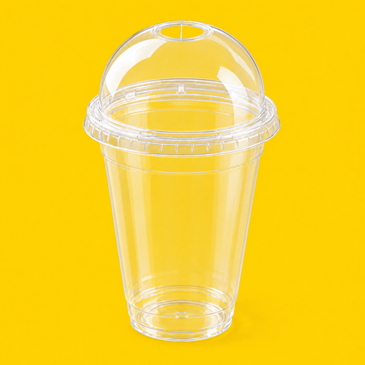 Clear PET dome lid fitted on a 12oz cold cup, on yellow
