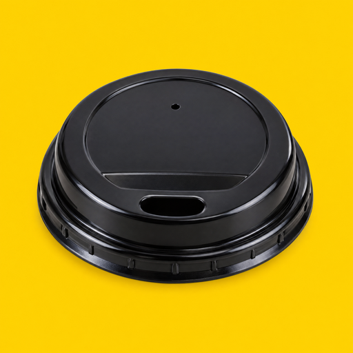 Black domed sip-thru lid for 8oz cups, on yellow