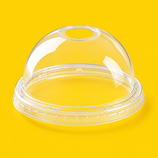 Clear PET dome lid with straw hole 90mm, on yellow