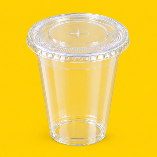 Clear PET flat lid fitted on a 16oz cold cup, on yellow