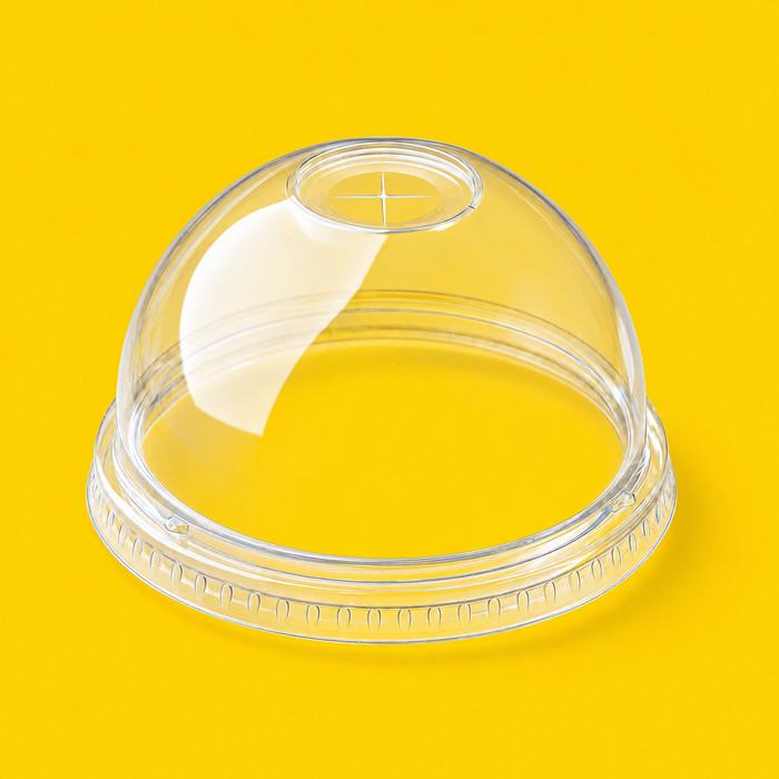 Clear rPET dome lid with straw hole 95mm, on yellow