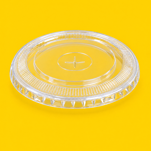 Clear PET flat lid 98mm, on yellow
