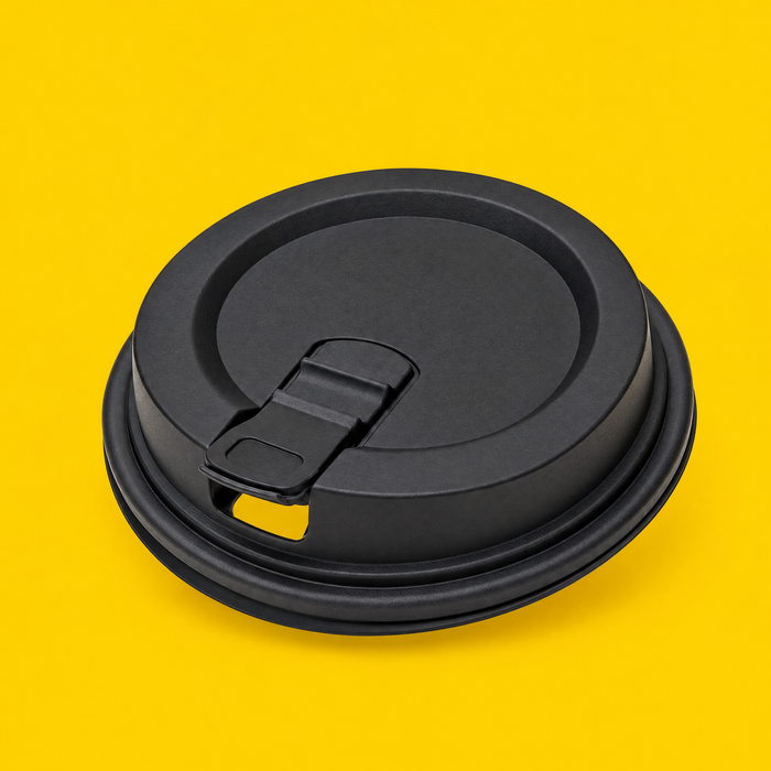 Black resealable hot cup lid 90mm, on yellow